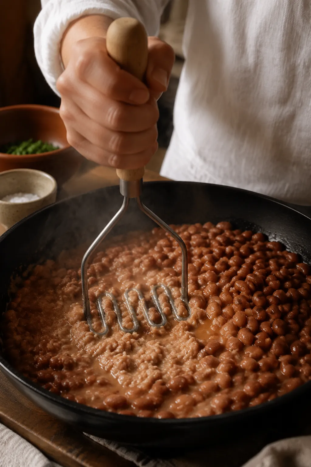 Mashing pinto beans to make creamy refried beans