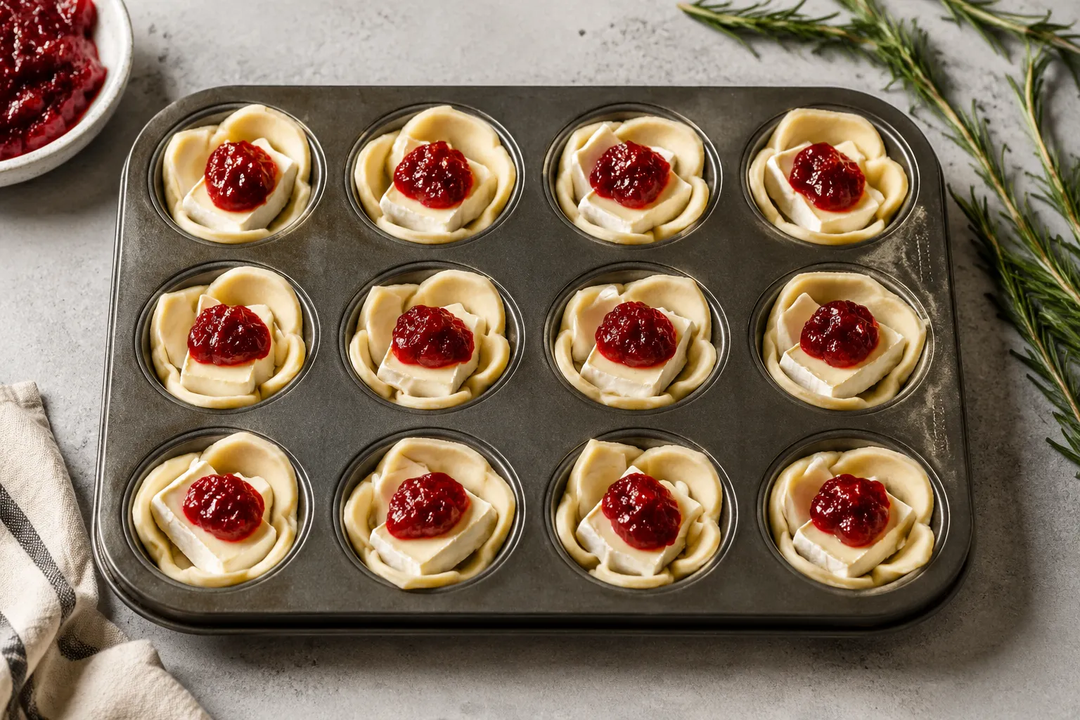 Mini muffin tin filled with cranberry brie bite easy appetizers before baking