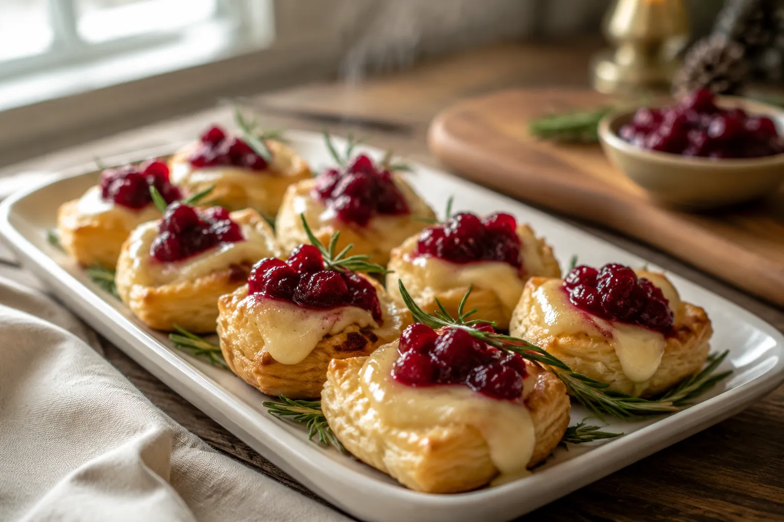Easy Christmas appetizers cranberry brie bites on a white platter