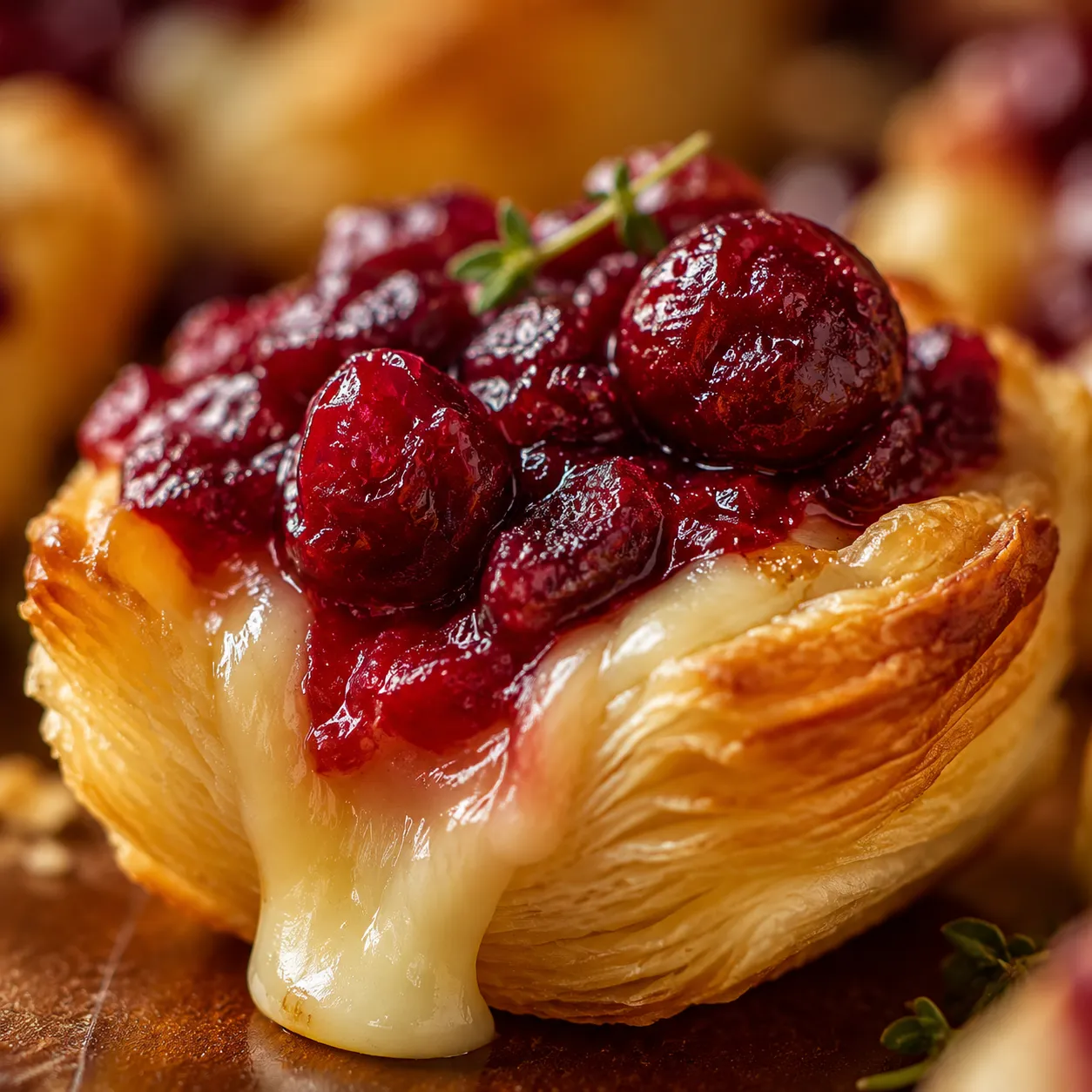 Macro close-up of a flaky cranberry brie bite easy appetizer