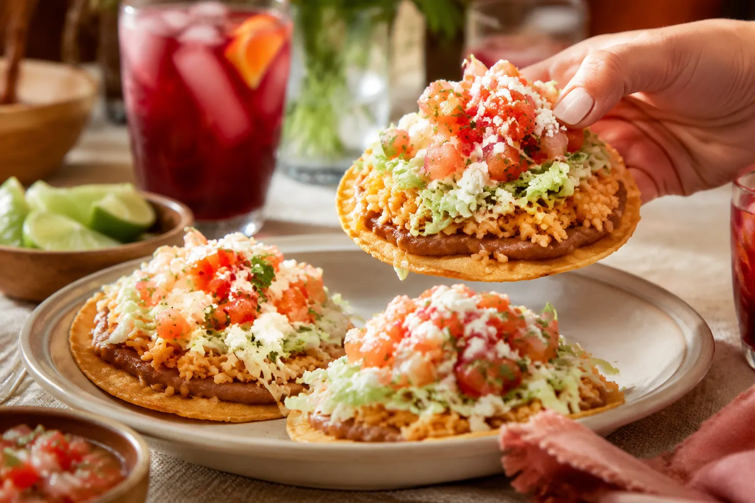 Refried beans served on tostadas with rice, salsa, and cotija cheese