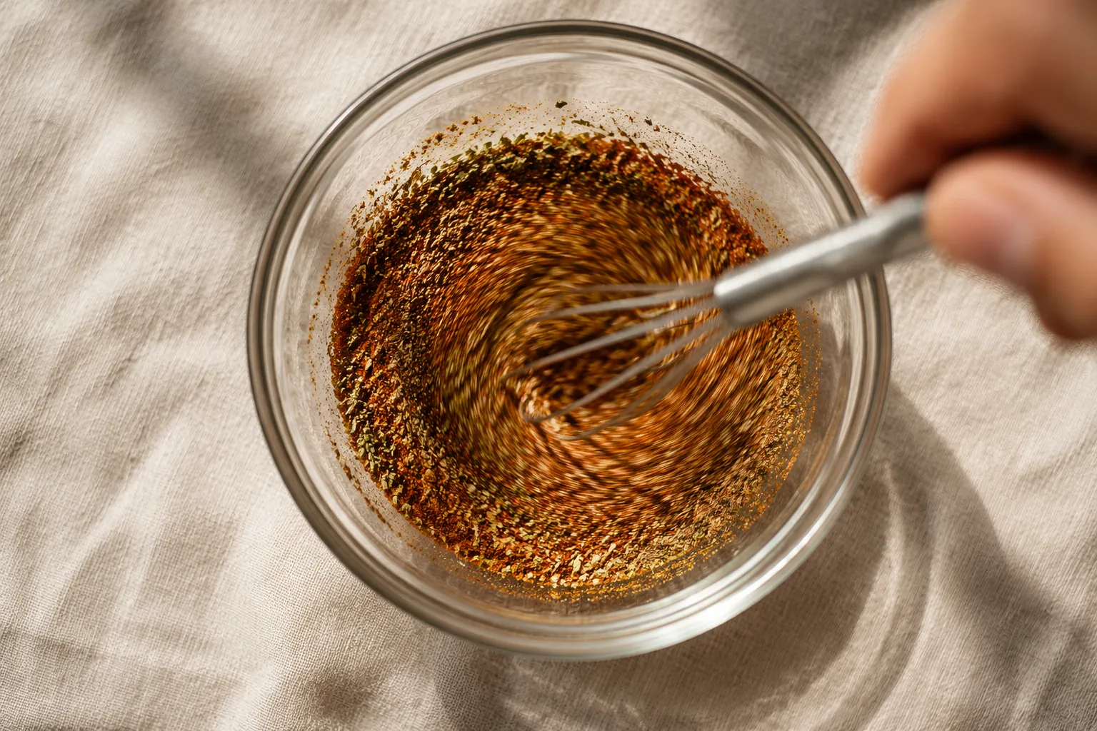 Whisking creole seasoning spices together in a glass mixing bowl