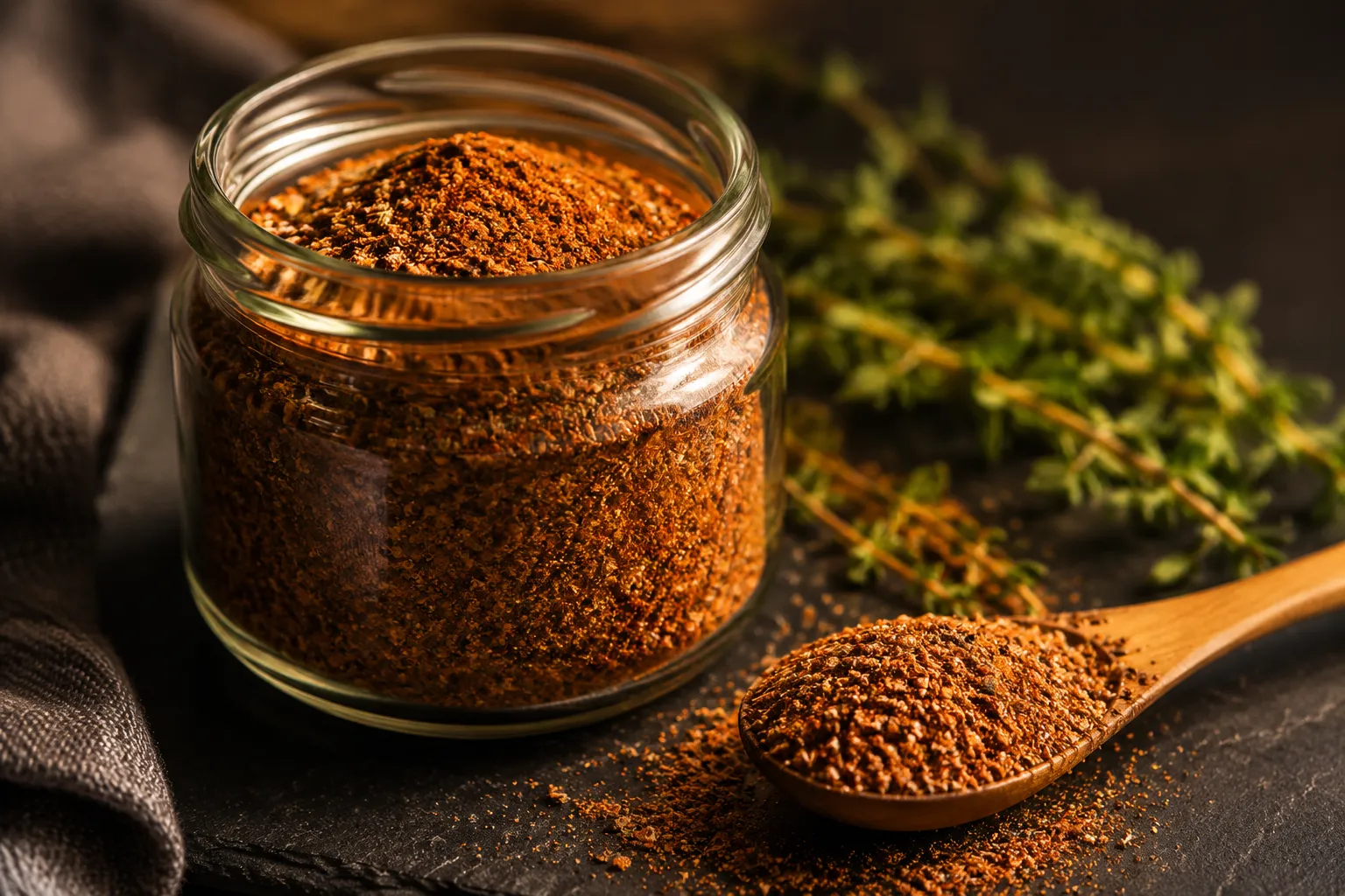 Finished homemade creole seasoning in a jar with a wooden spoon