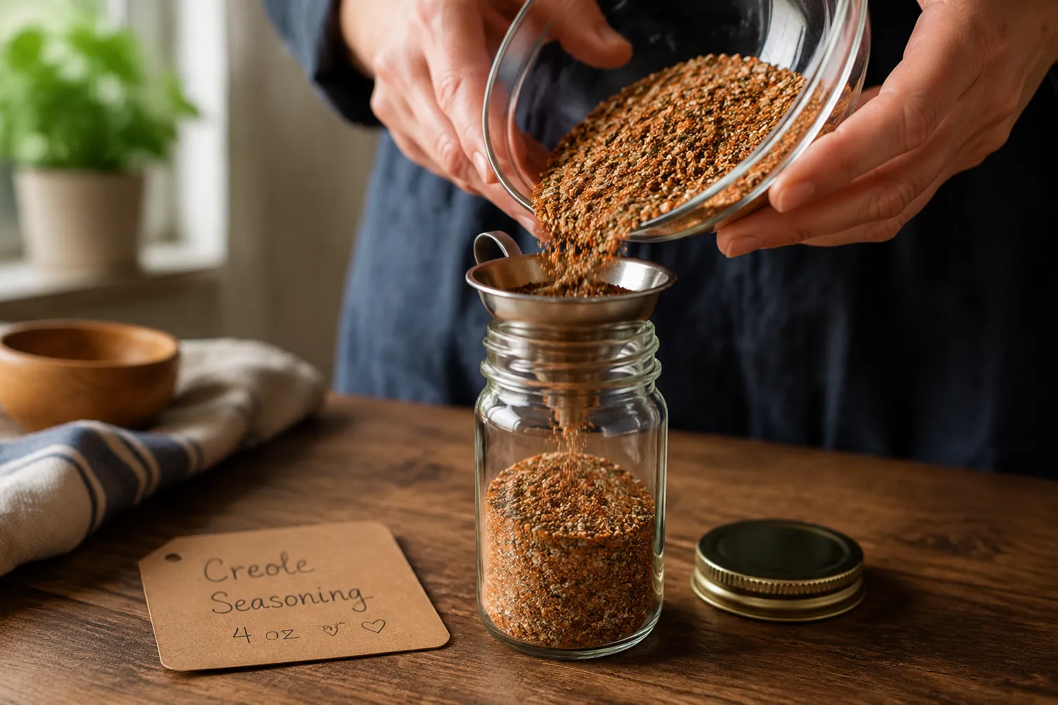 Pouring finished creole seasoning recipe into a glass storage jar