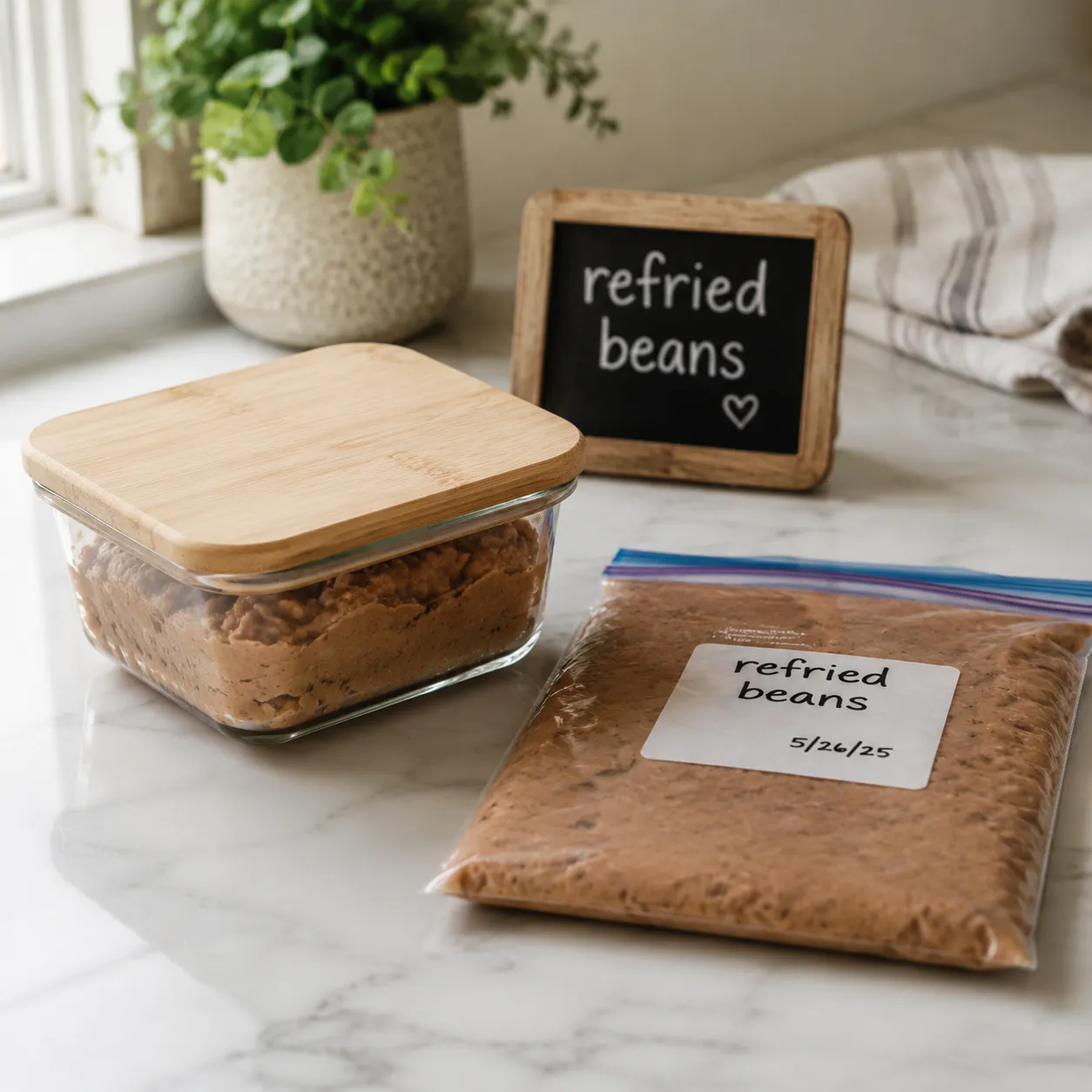 Storing homemade refried beans in glass container and freezer bag for meal prep