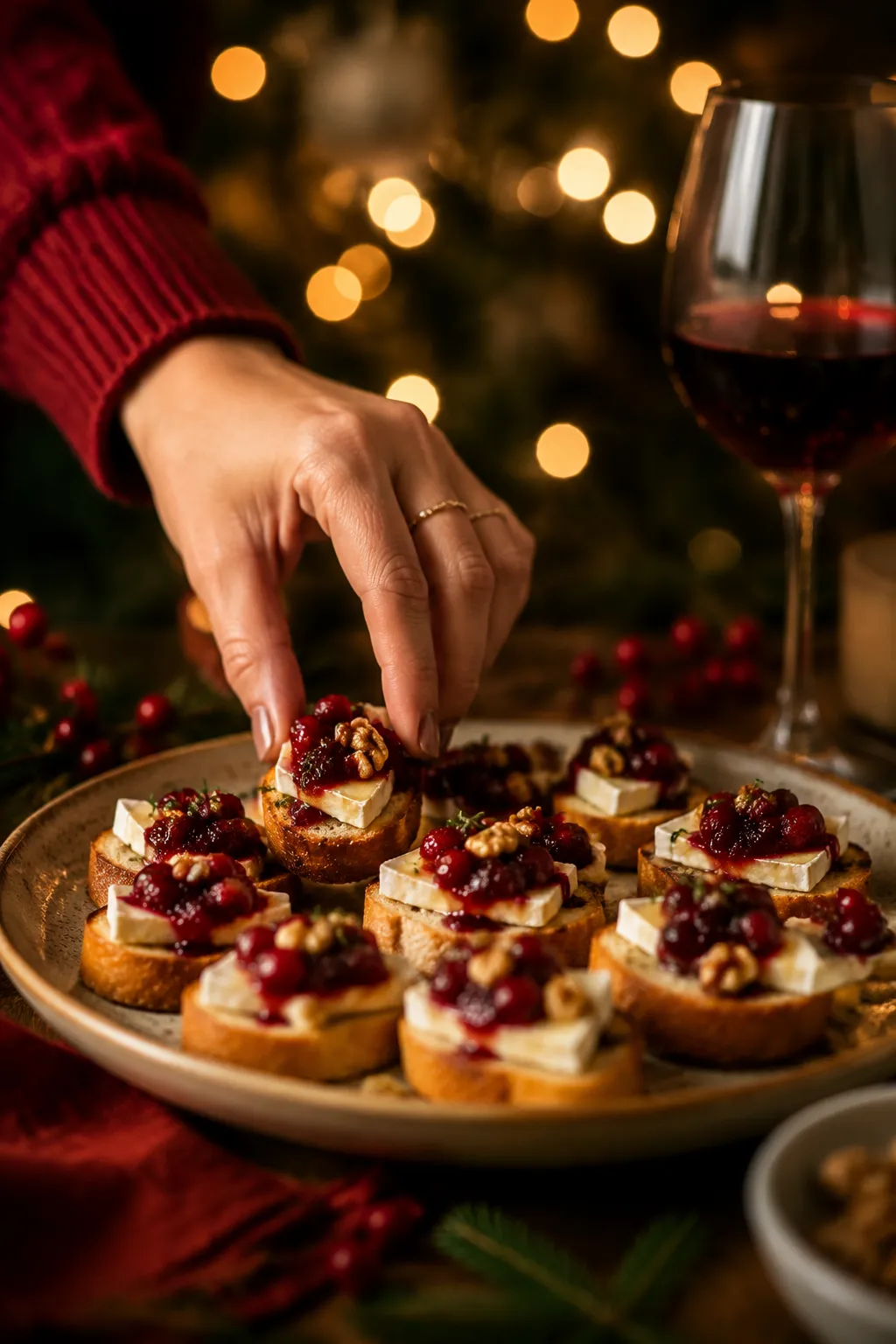 Hand reaching for an easy Christmas appetizer at a holiday party