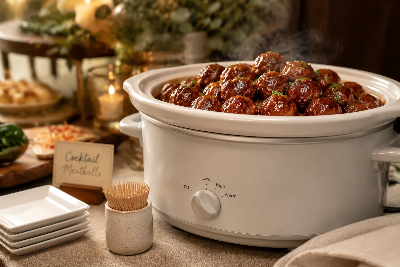 Slow cooker keeping easy appetizers warm on a party buffet