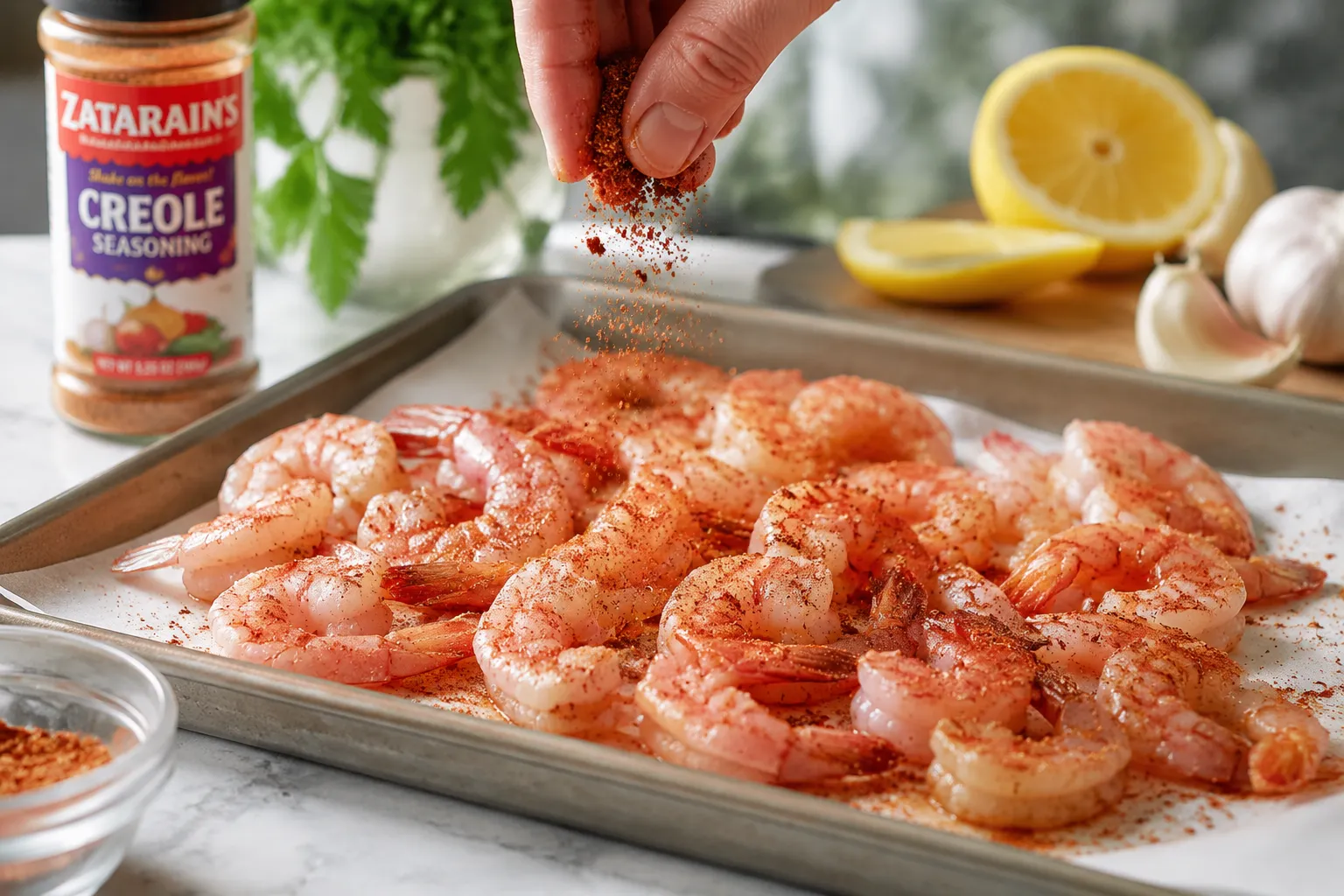 Sprinkling creole seasoning over raw shrimp on a sheet pan
