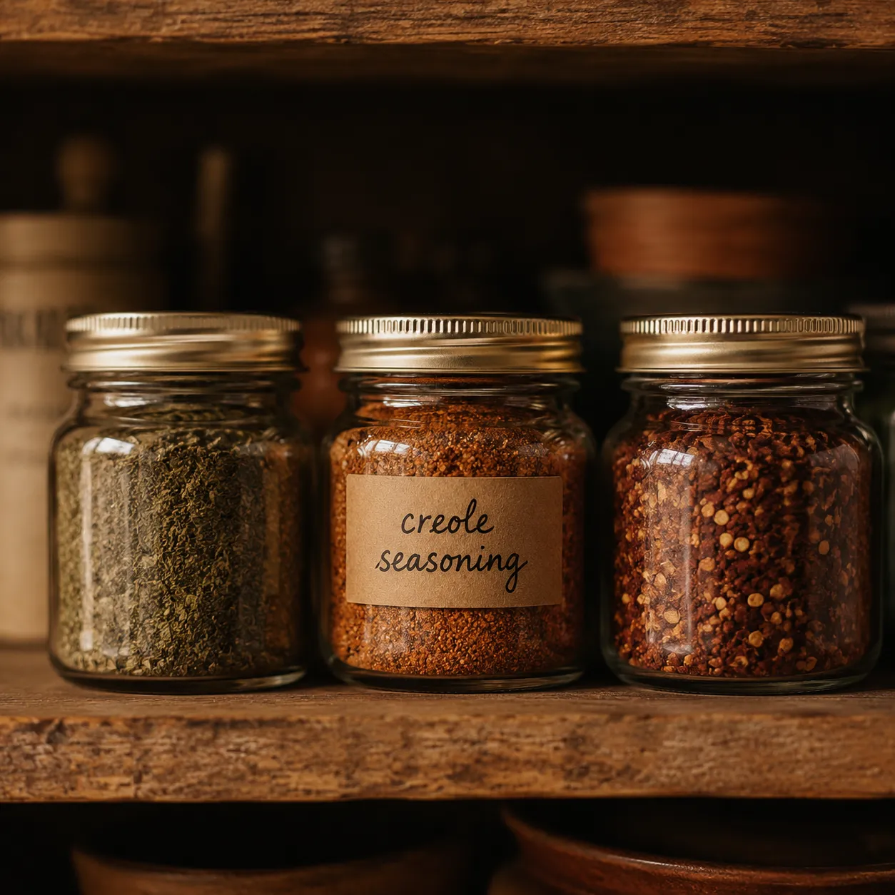Homemade creole seasoning stored in a labeled glass jar on a pantry shelf