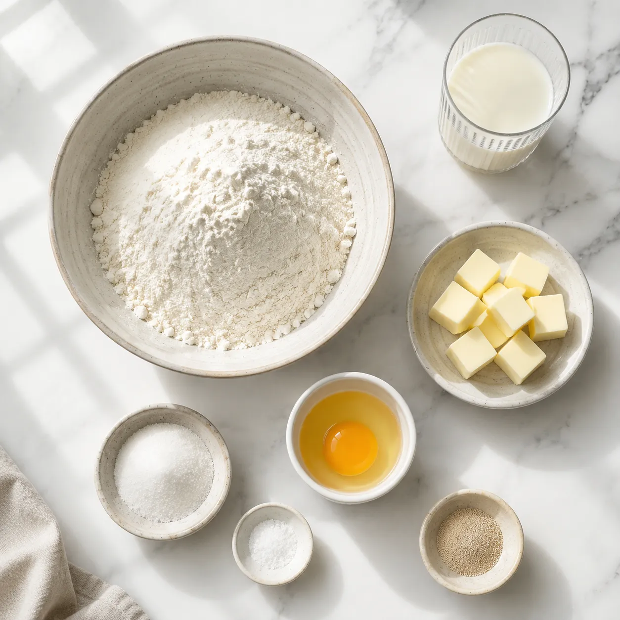 Milk bread ingredients flatlay with bread flour, milk, butter, egg, and yeast