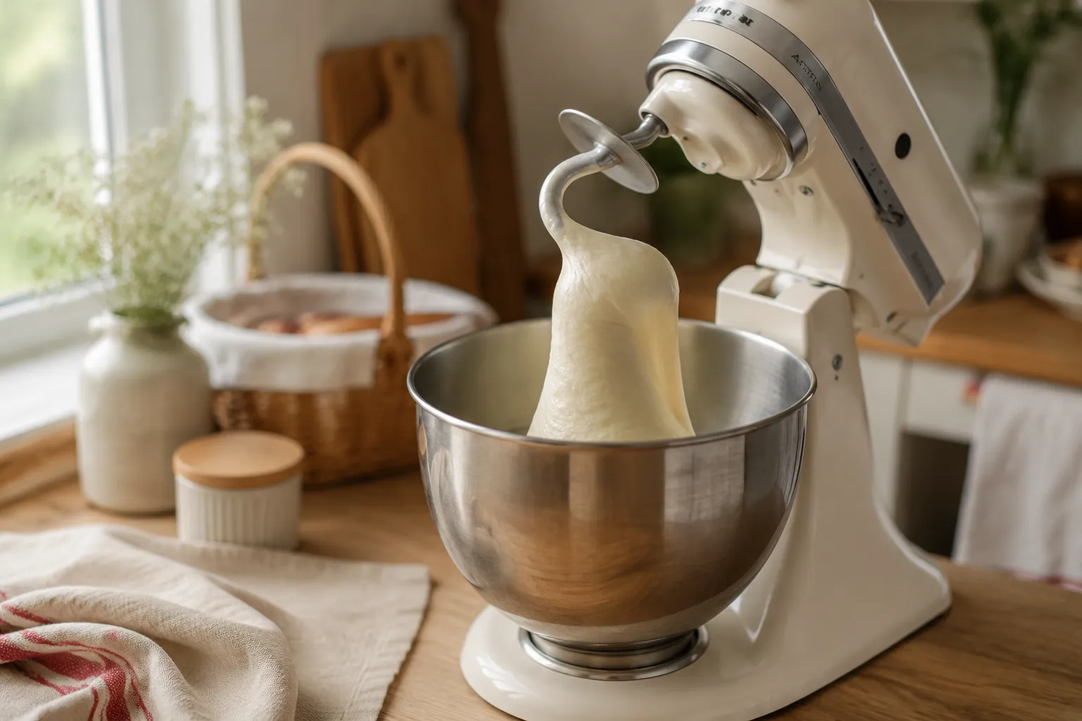 Kneading milk bread dough in a stand mixer until smooth