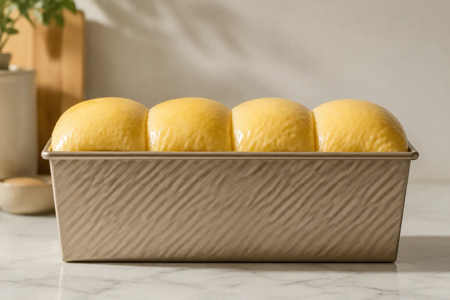 Proofed milk bread dough rising in a loaf pan before baking