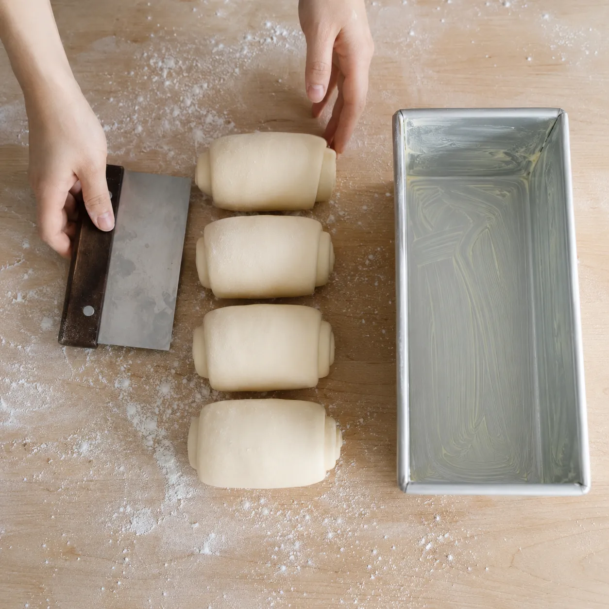 Shaping milk bread dough into coils before the second proof