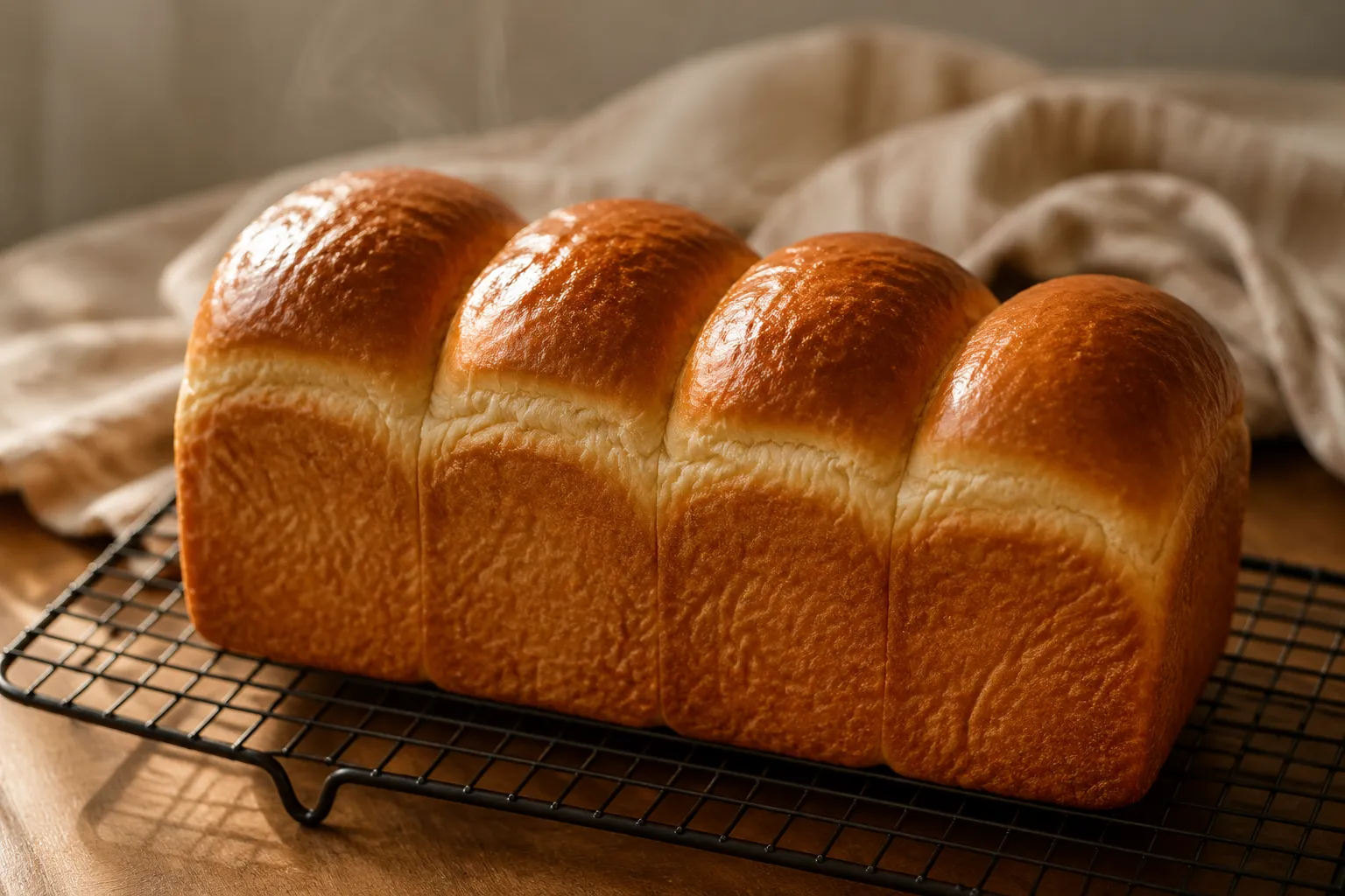 Freshly baked milk bread loaf cooling on a wire rack