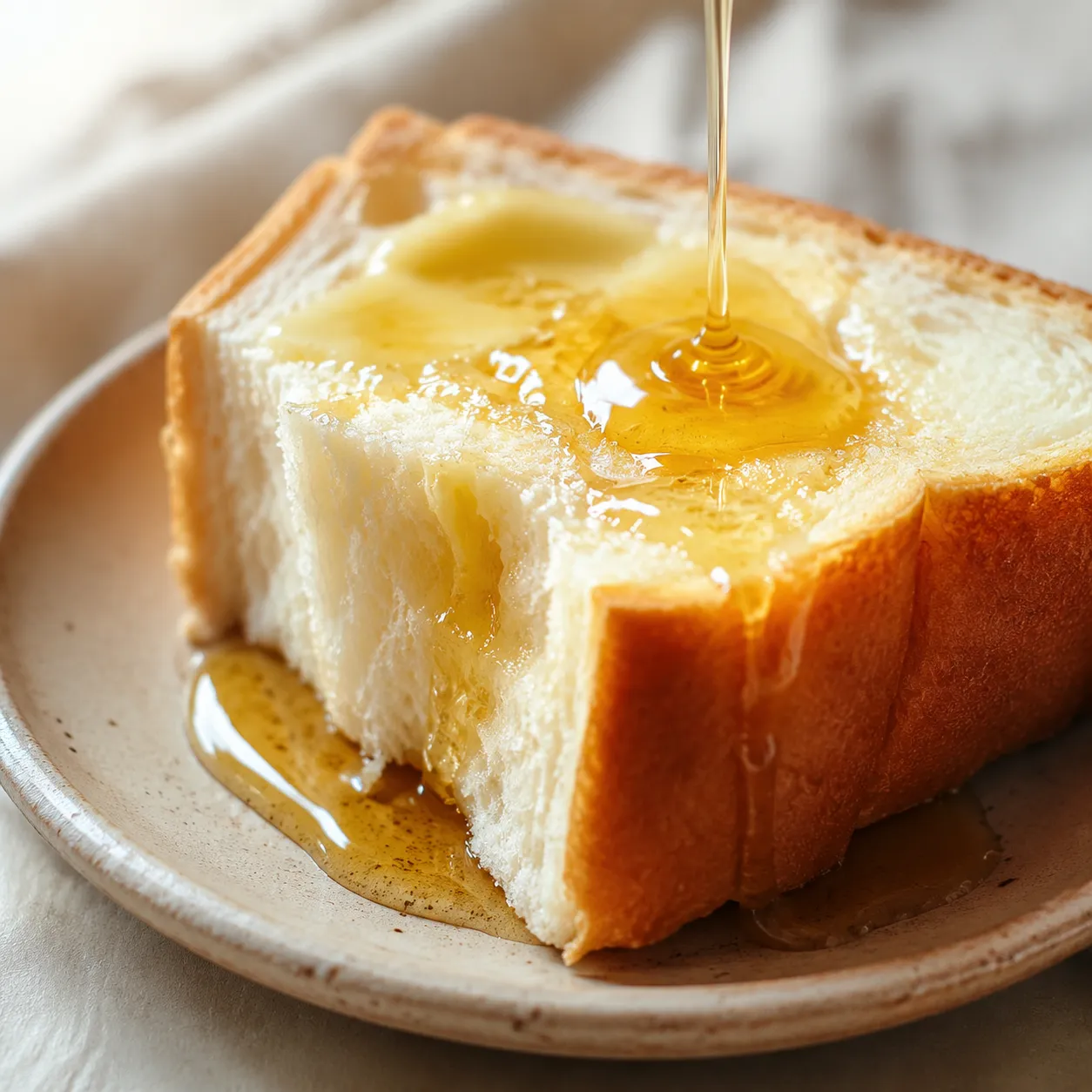 Slice of soft milk bread with butter and honey