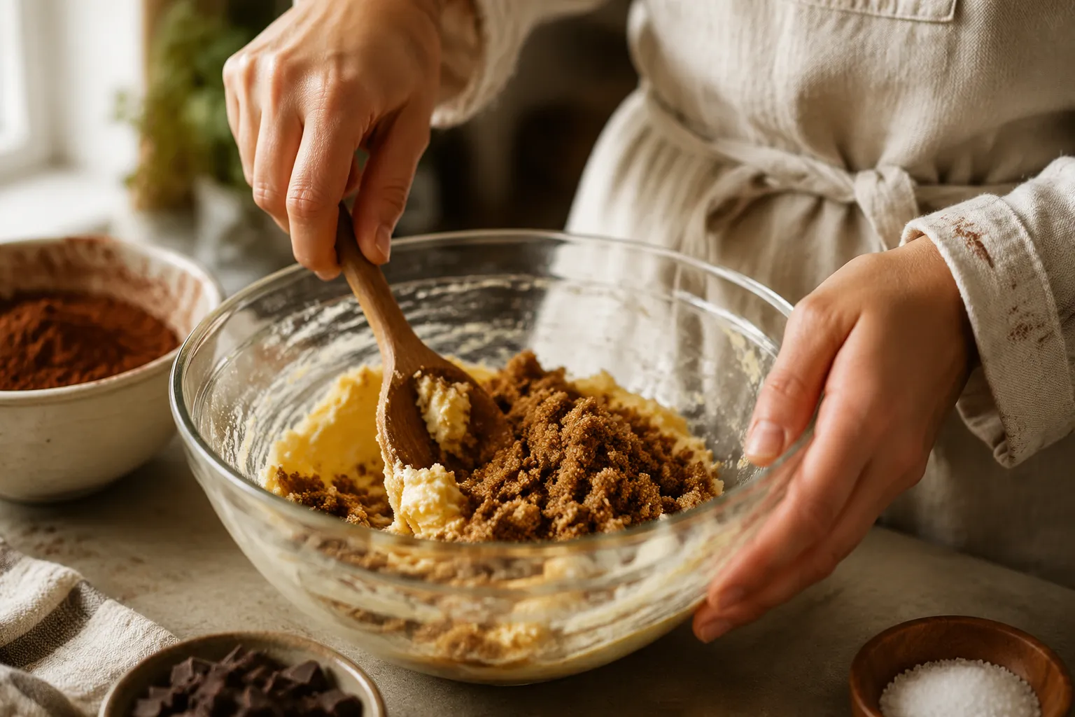 Mixing butter and brown sugar for chocolate chip cookie dough