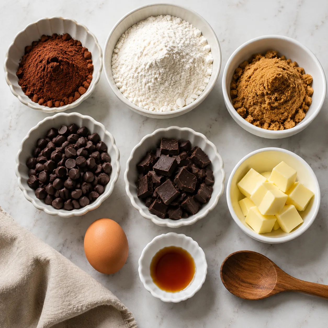 Ingredients for double chocolate chip cookies measured into bowls