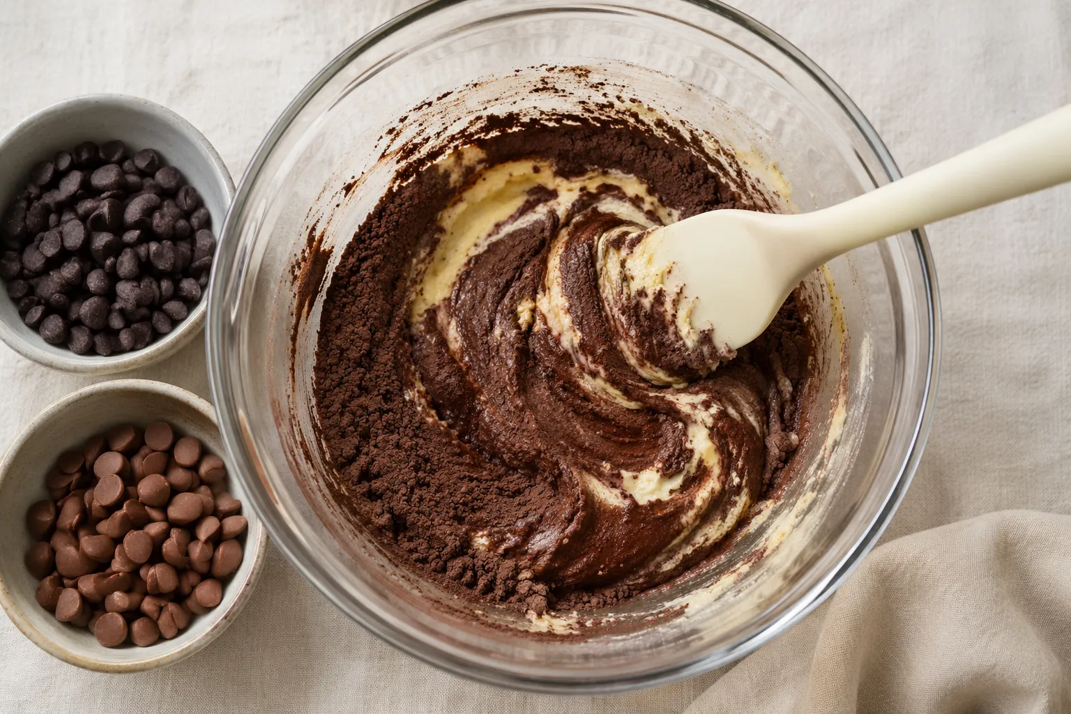 Folding cocoa powder into chocolate chip cookie dough