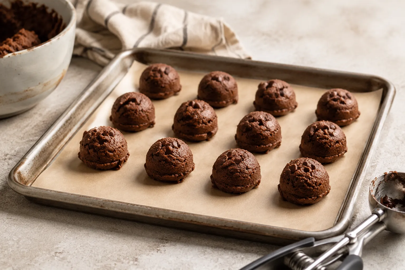 Double chocolate chip cookie dough balls on a baking sheet