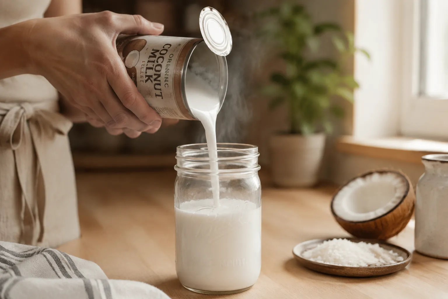 Pouring coconut milk into mason jar to make homemade coconut yogurt