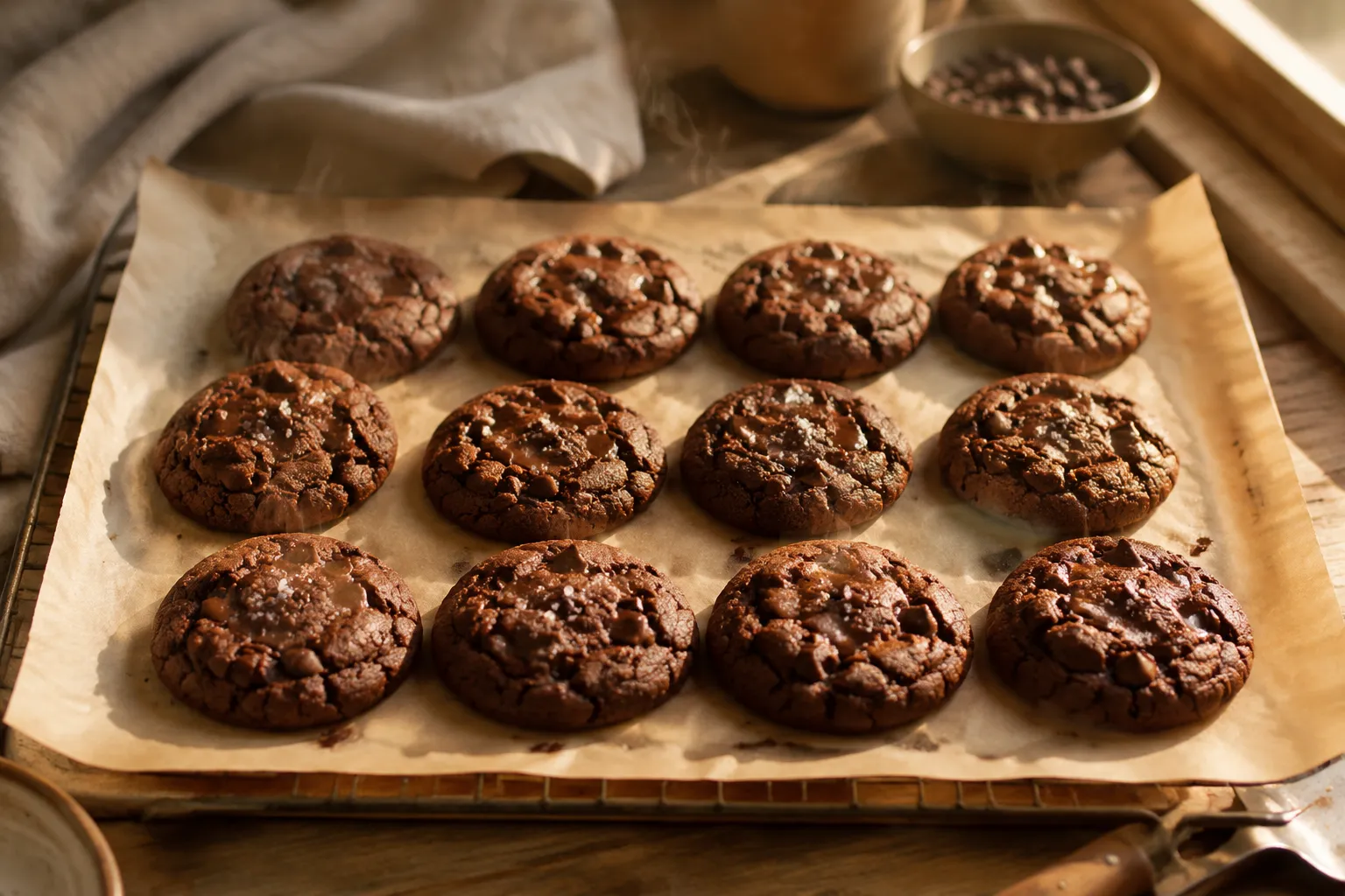 Freshly baked double chocolate chip cookies cooling on parchment