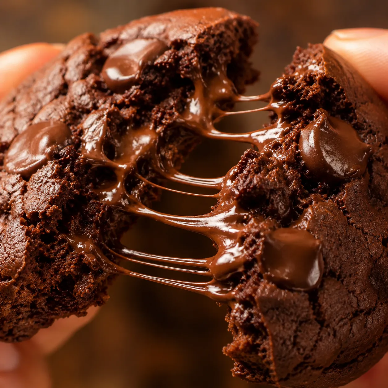 Macro close-up of a gooey double chocolate chip cookie pulled apart