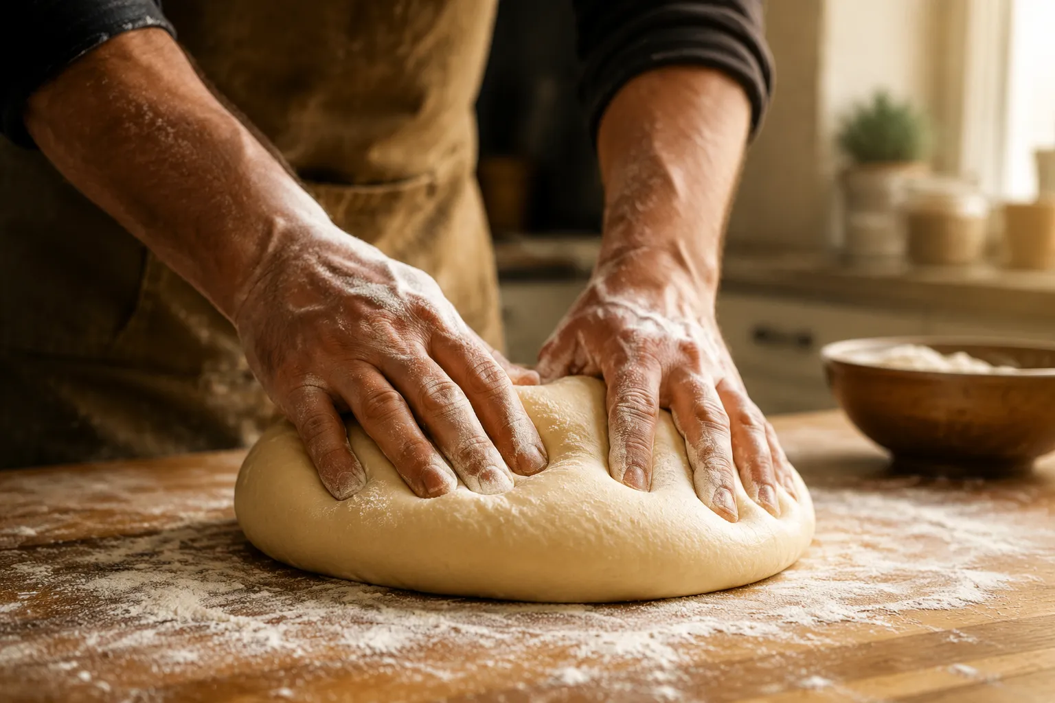 Kneading pretzel dough by hand on a floured wooden surface