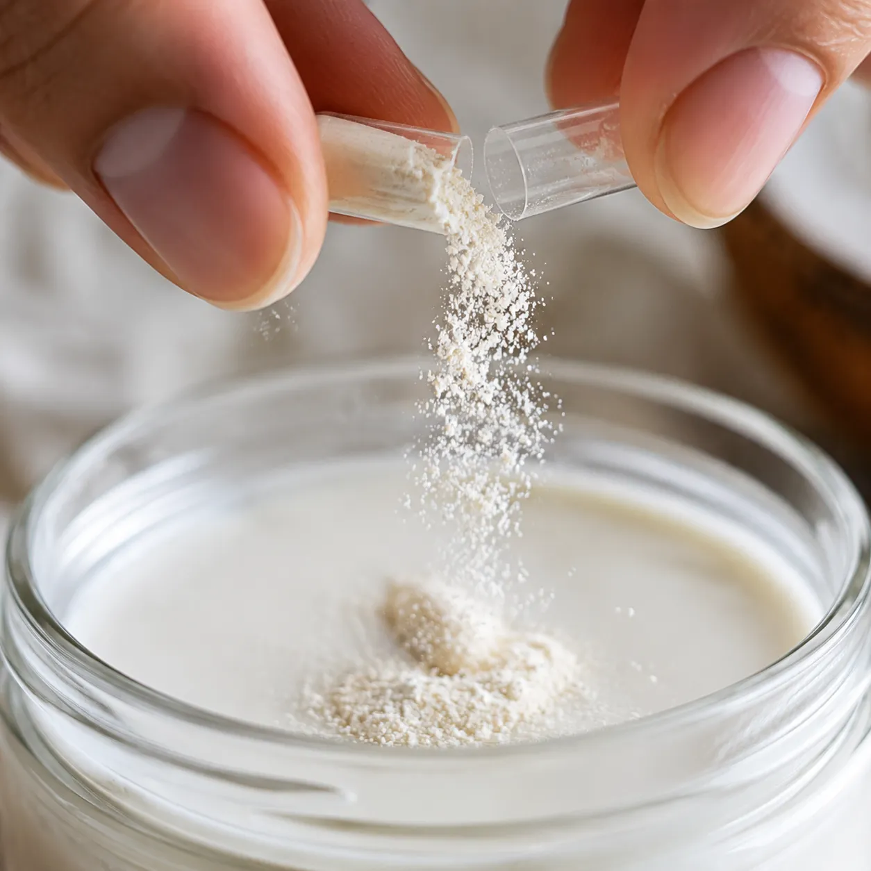 Adding probiotic powder to coconut milk for fermenting coconut yogurt