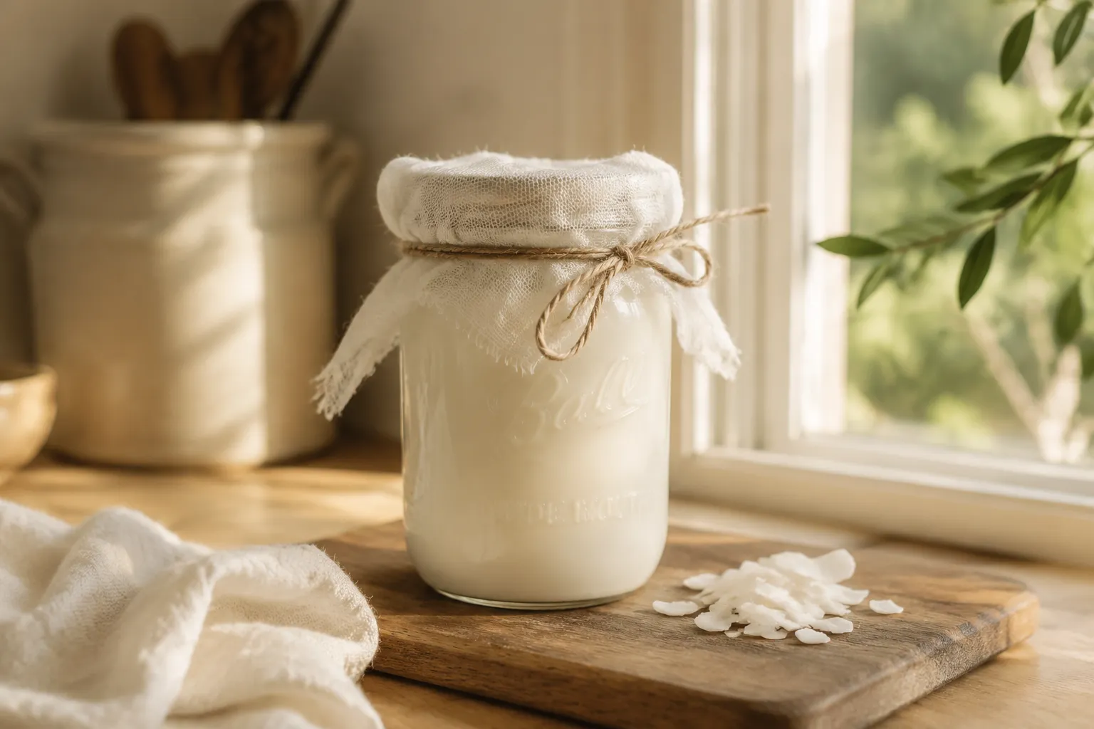 Coconut yogurt fermenting in a jar covered with cheesecloth
