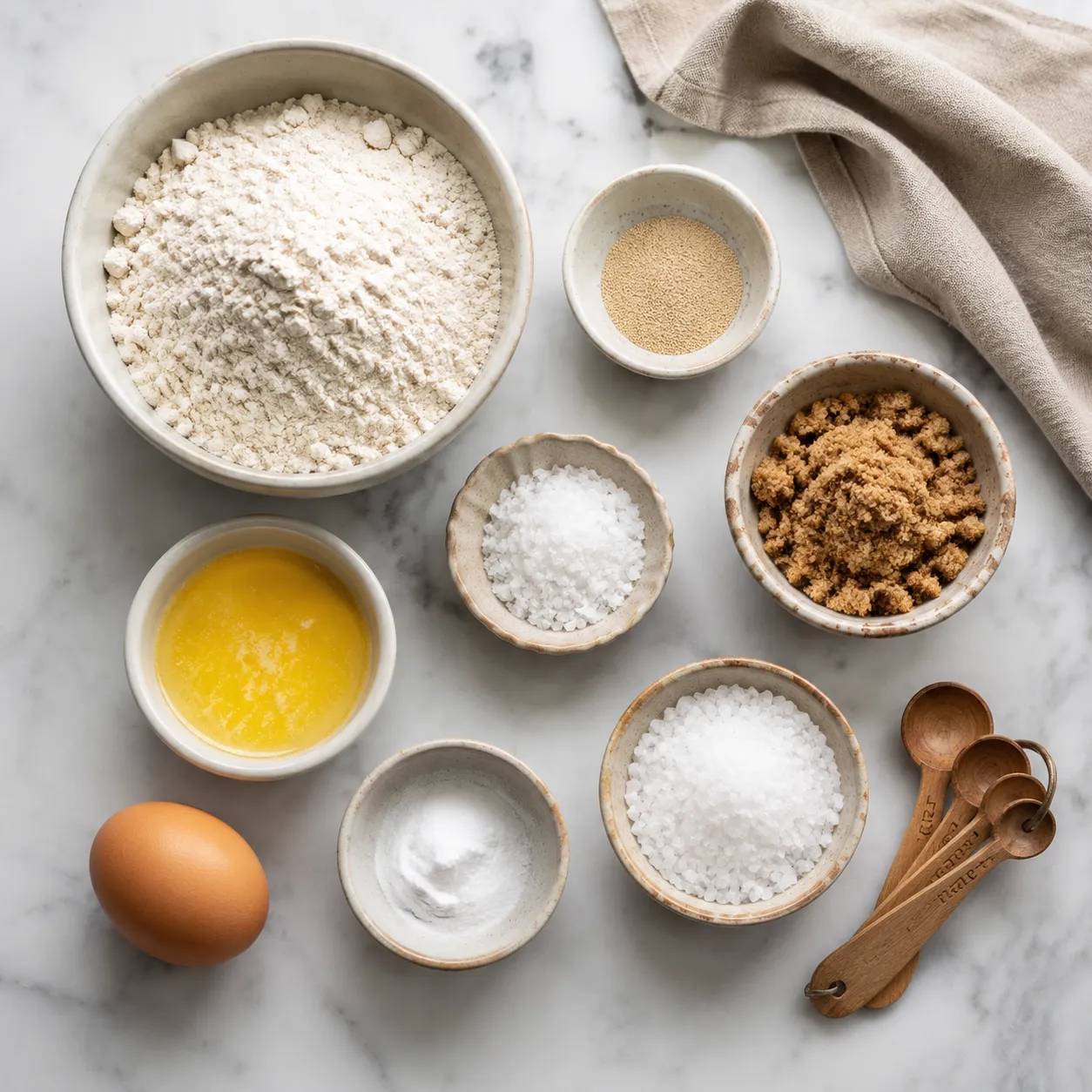 Soft pretzel recipe ingredients flatlay with flour yeast and baking soda