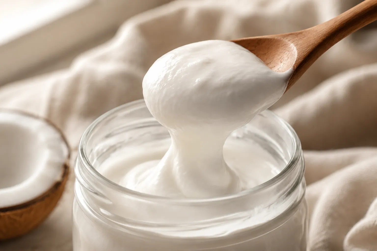 Thick homemade coconut yogurt scooped with a wooden spoon