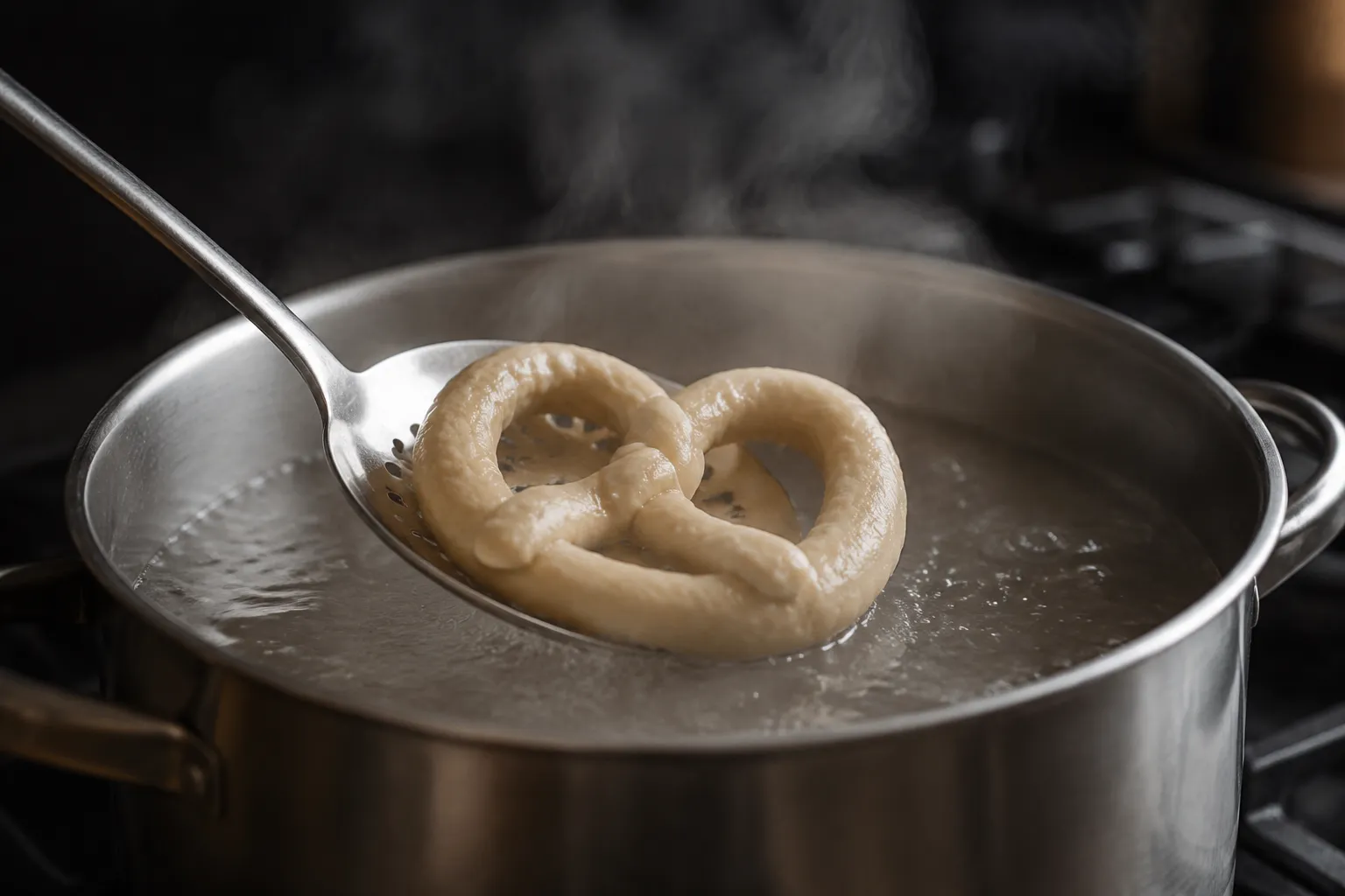 Dipping soft pretzel in baking soda bath before baking