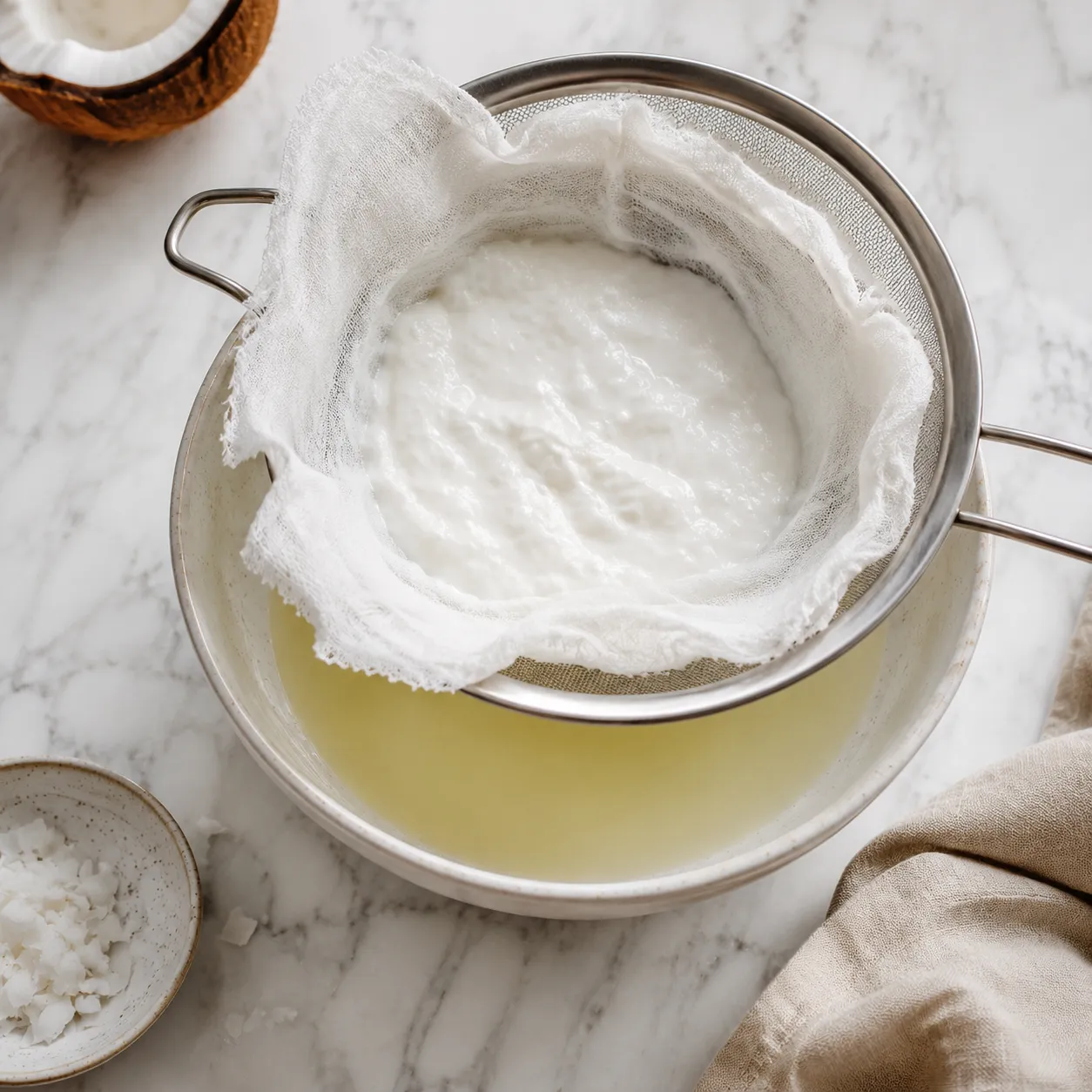 Straining coconut yogurt through cheesecloth to make coconut Greek yogurt