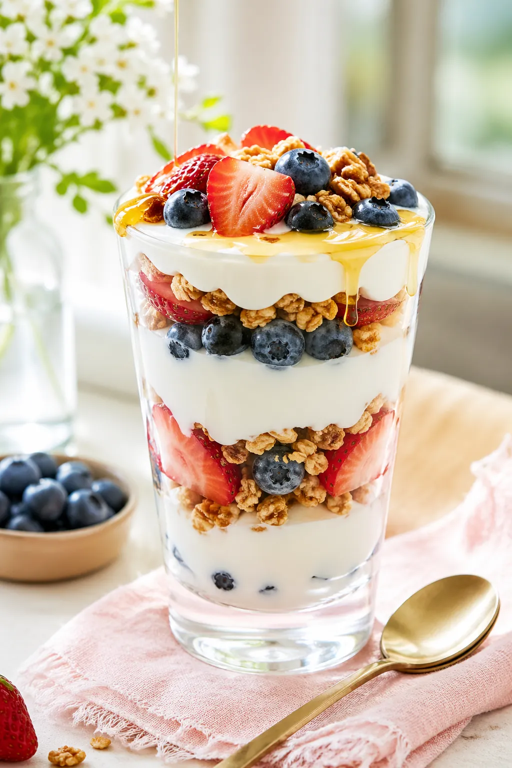 Coconut yogurt parfait breakfast bowl with granola and berries