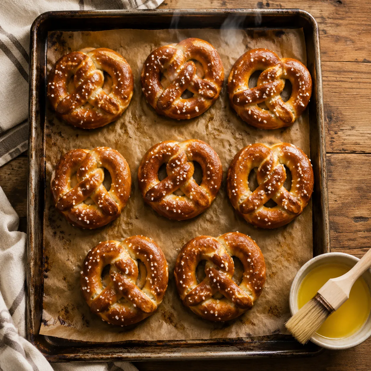 Sheet pan of freshly baked homemade soft pretzels with pretzel salt