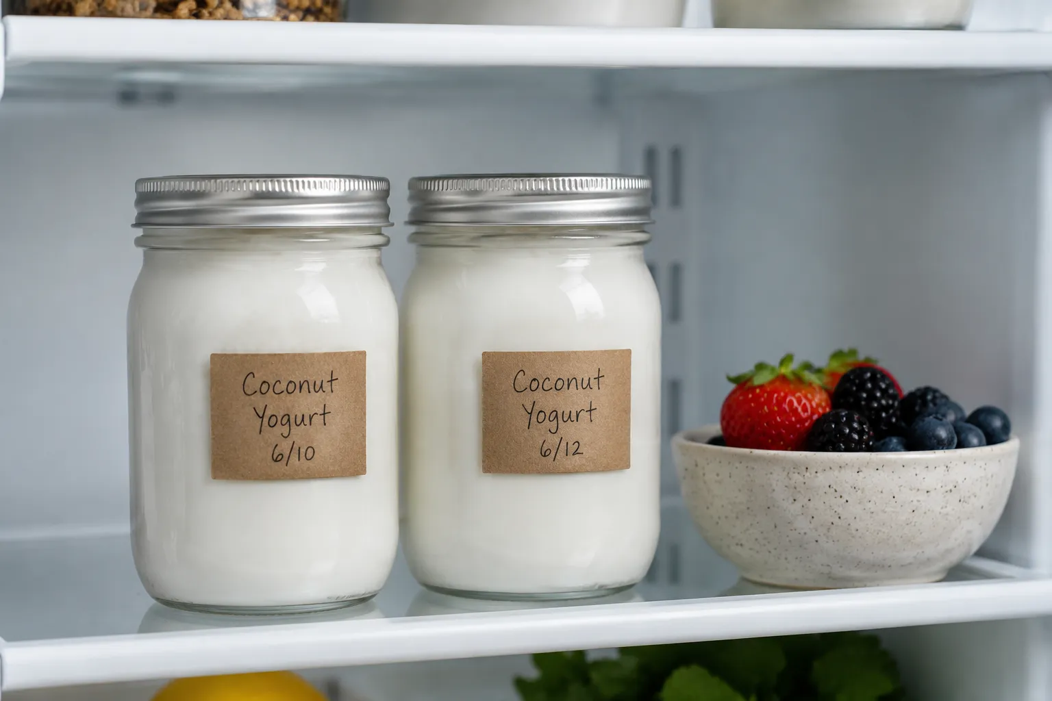 Storing homemade coconut yogurt in labeled mason jars in the fridge