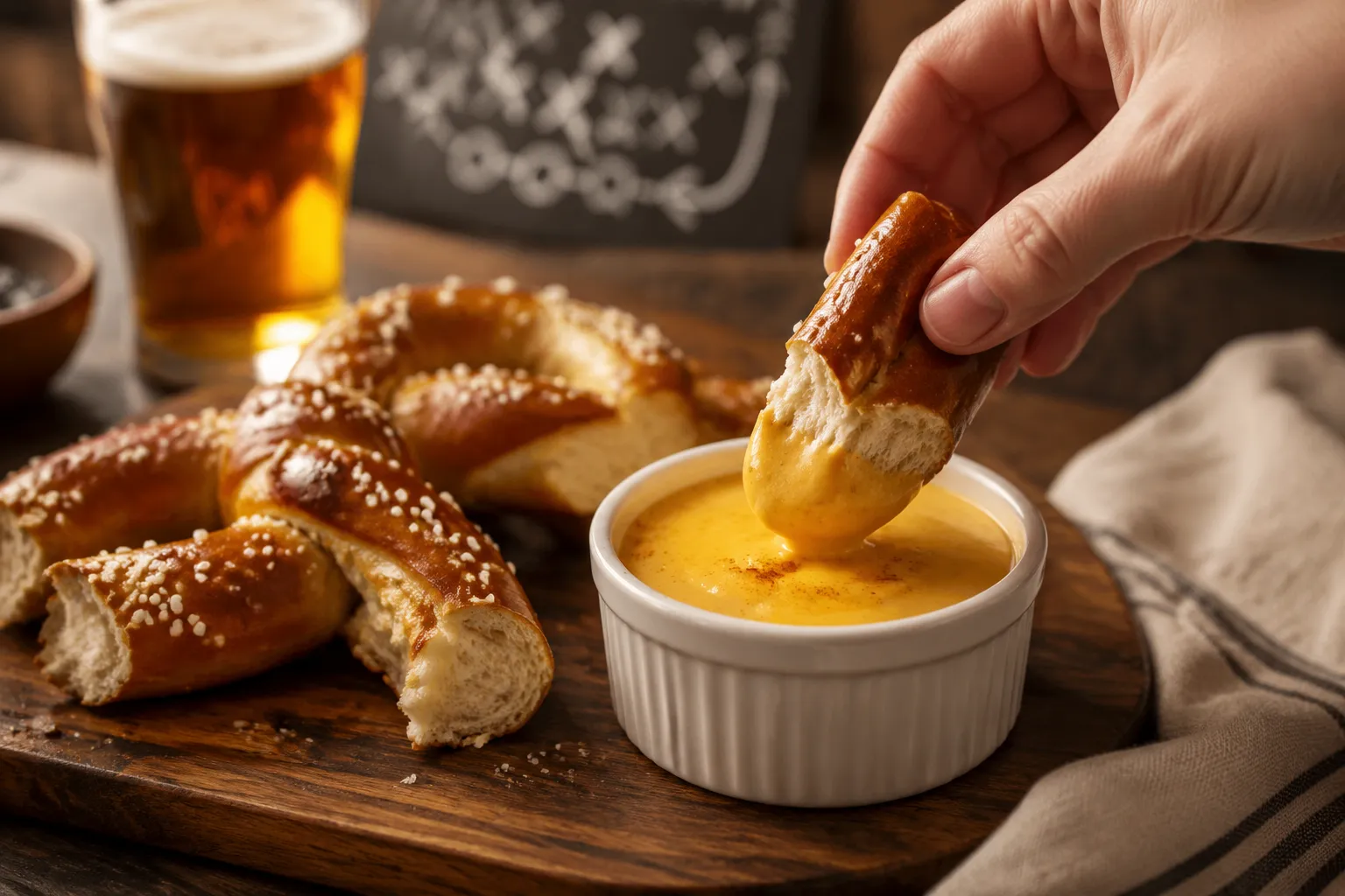 Soft pretzel being dipped into warm beer cheese sauce
