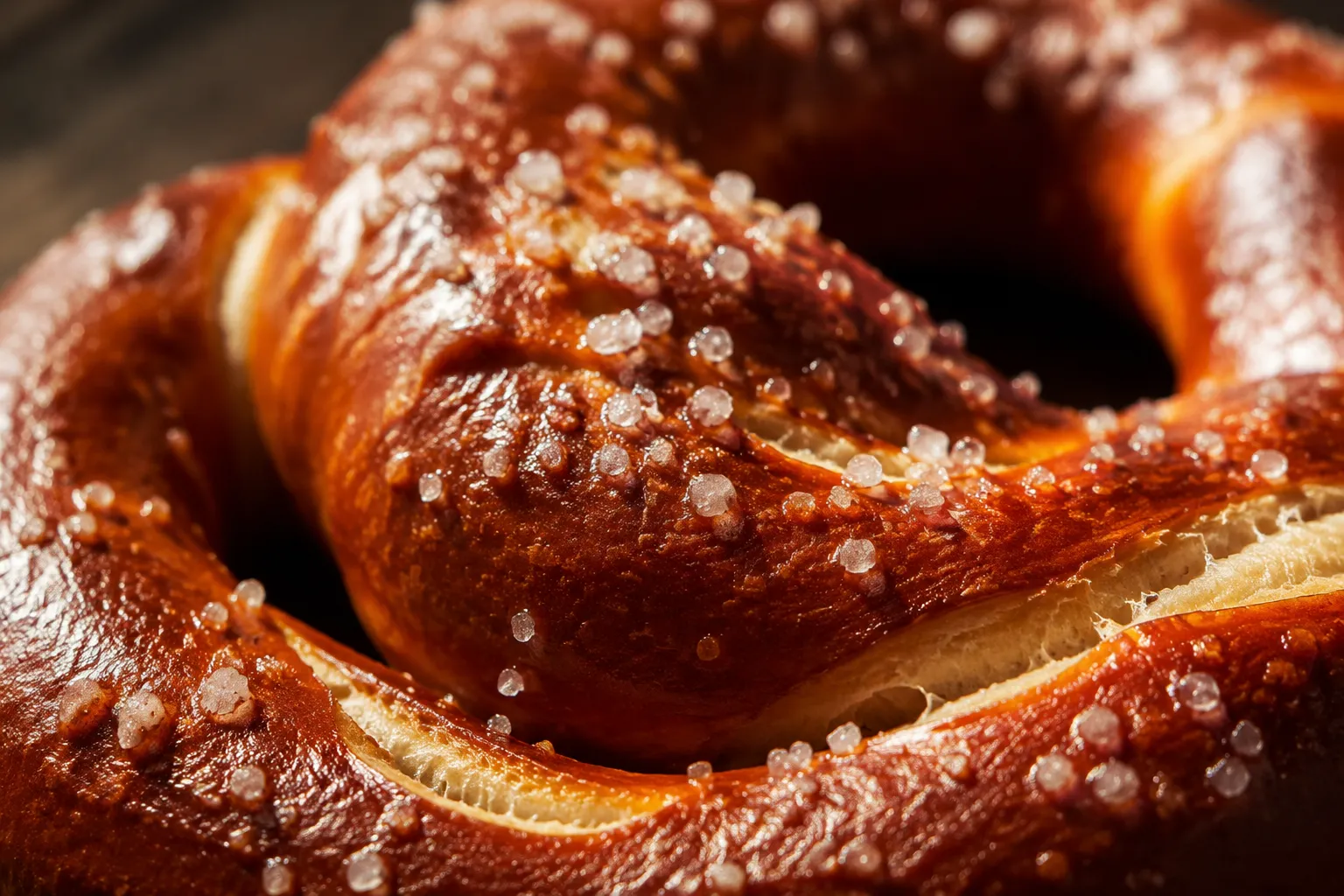 Close-up of soft pretzel crust with coarse pretzel salt and butter