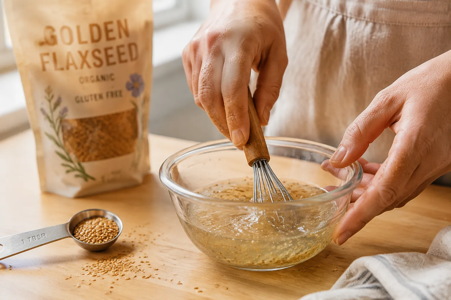 Hands whisking a flax egg substitute in a glass bowl