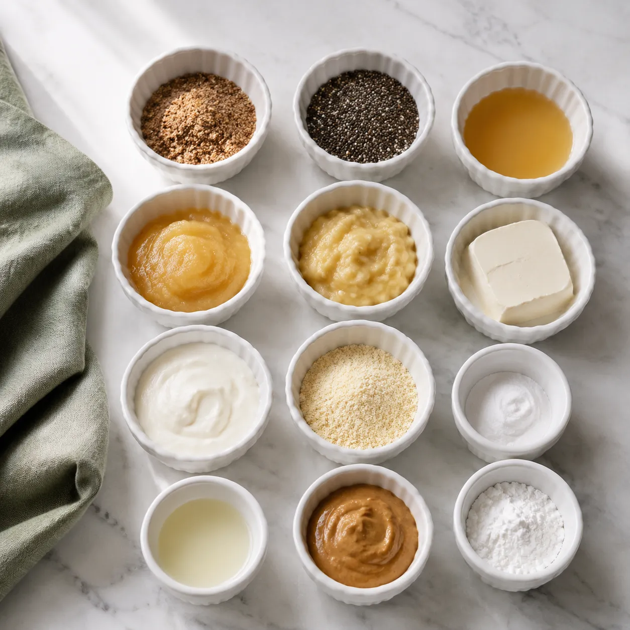 Flat lay of 15 egg substitute ingredients in small bowls for baking