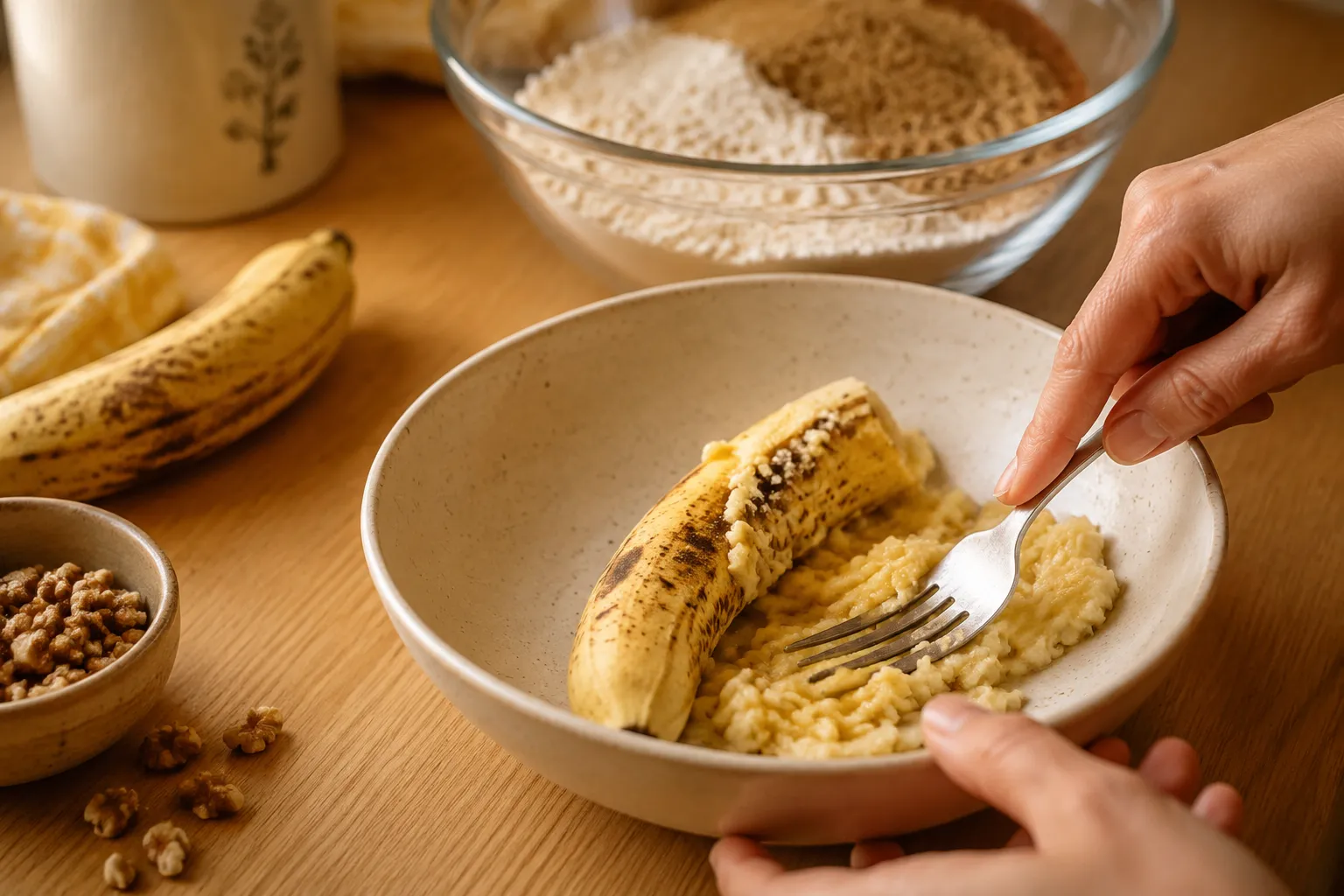Mashing ripe banana as an egg substitute for muffins