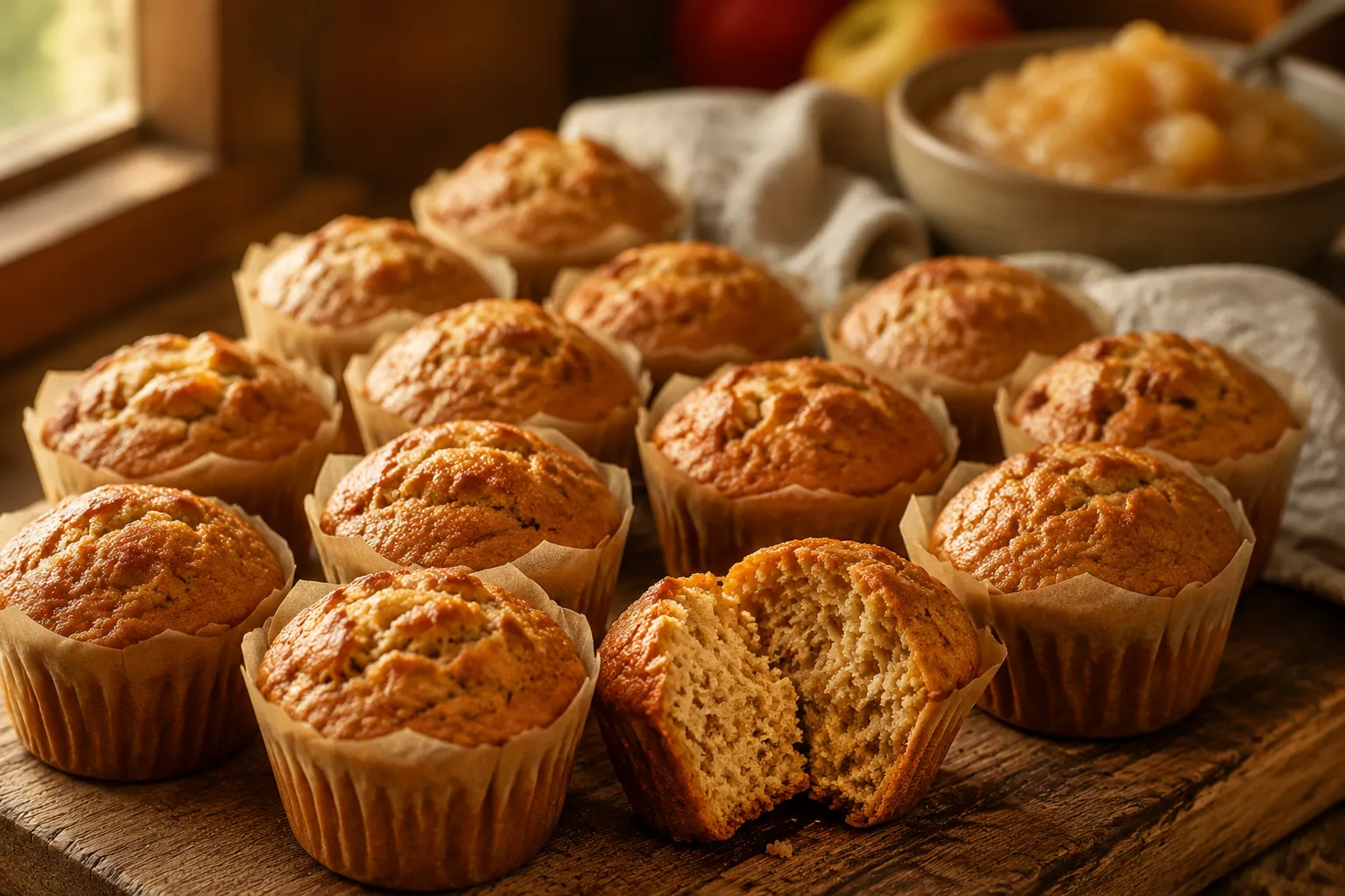 Egg-free muffins made with applesauce egg substitute on a wooden board