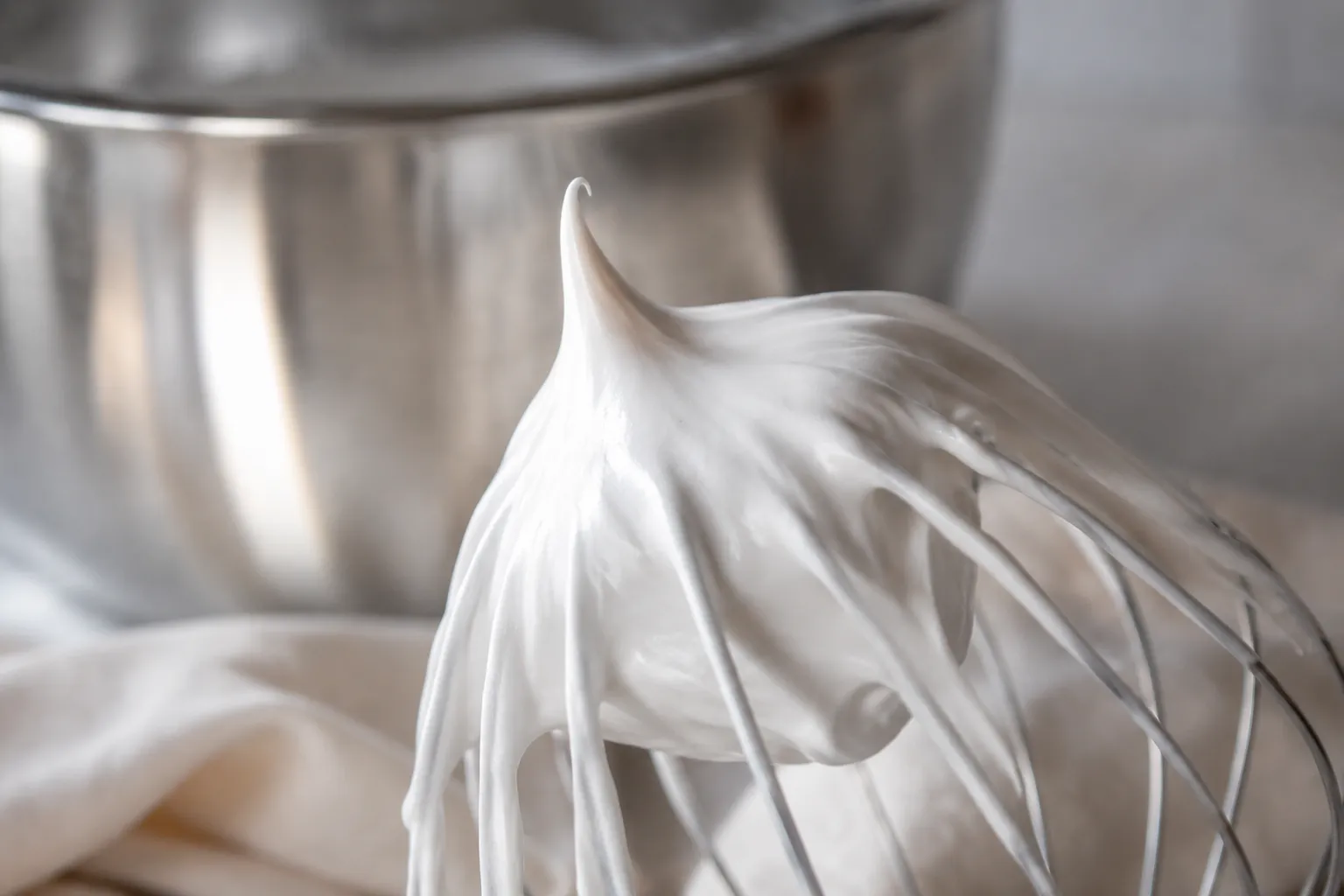 Whipped aquafaba forming stiff peaks as an egg white substitute