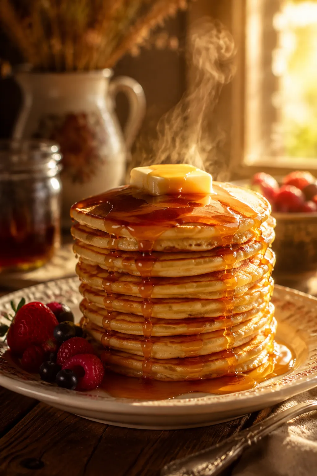 Vegan pancakes made with a flax egg substitute and maple syrup