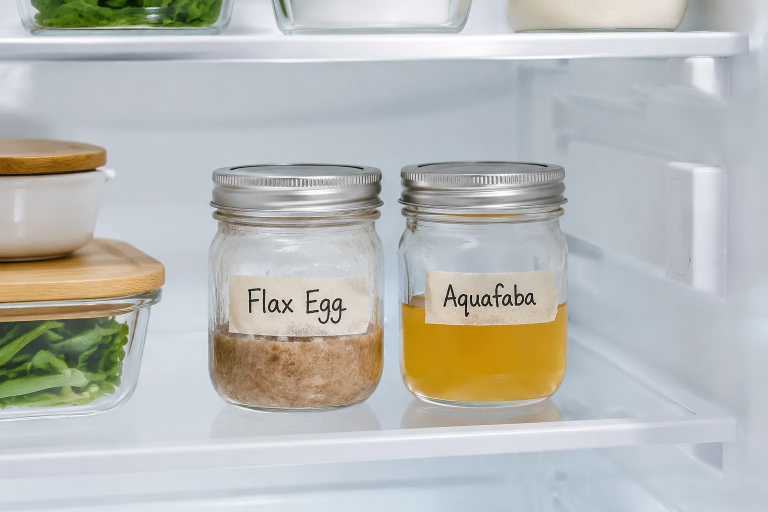 Storing homemade egg substitutes in labeled mason jars in the fridge