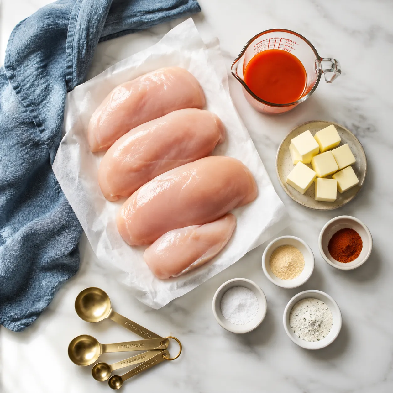Buffalo chicken ingredients flatlay with hot sauce, butter, and spices