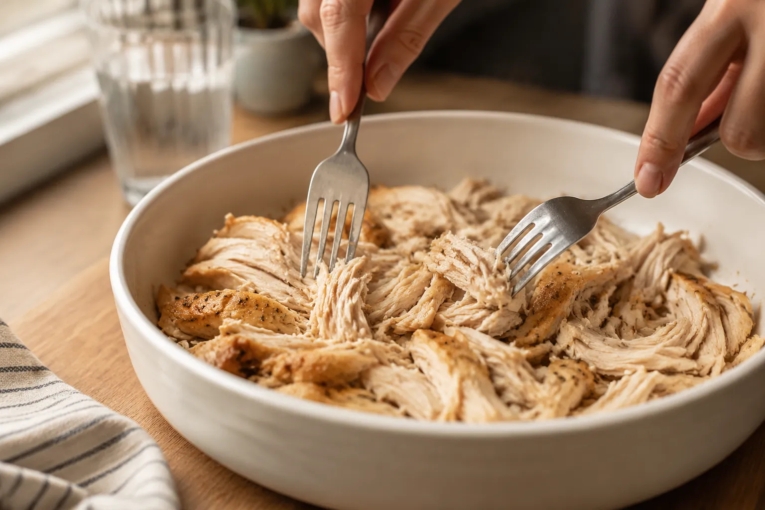 Shredding cooked chicken with two forks for buffalo chicken