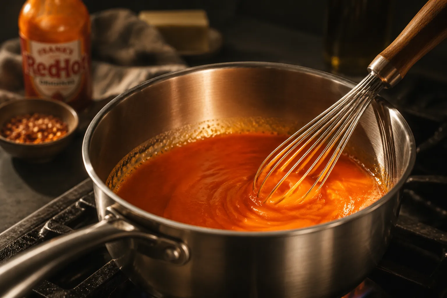 Whisking Frank's RedHot buffalo sauce with butter in a saucepan