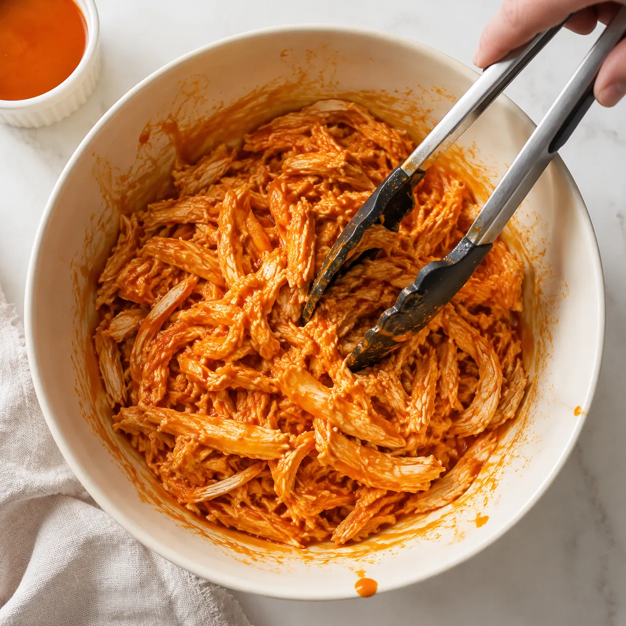 Tossing shredded buffalo chicken in tangy hot sauce and butter
