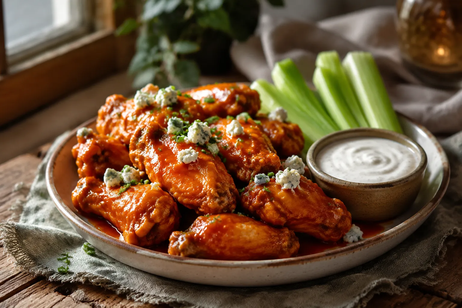 Plated buffalo chicken topped with blue cheese and fresh chives
